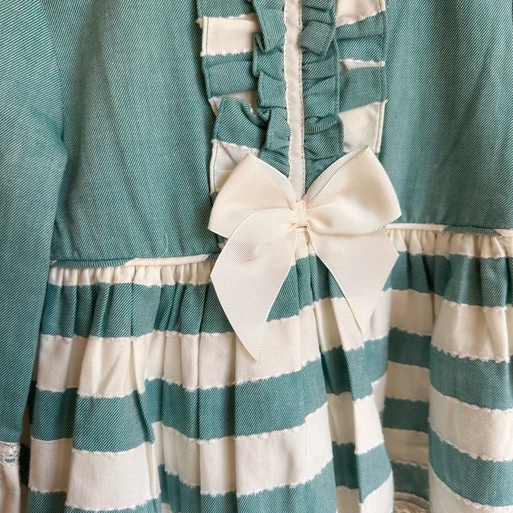 New Elegant Teal and White Striped Kids Formal Dress - Picture 2 of 6